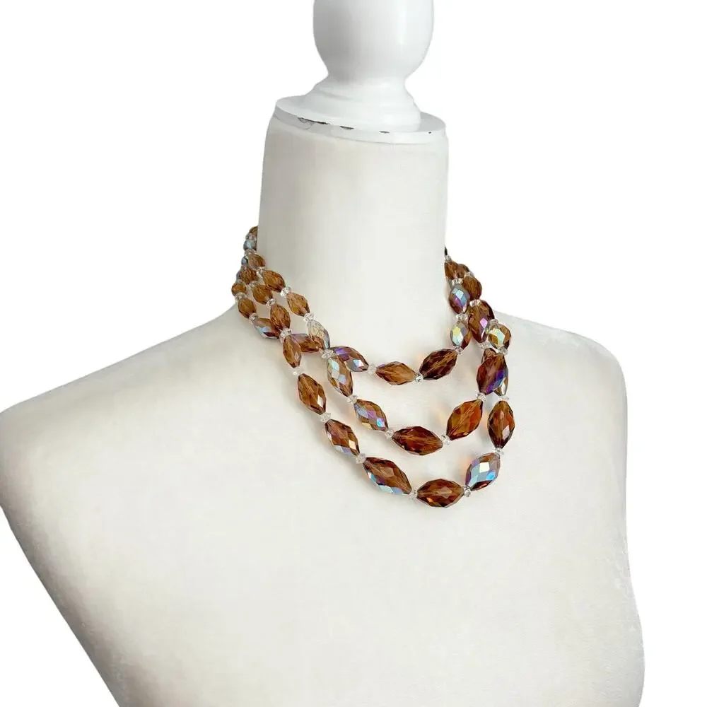 Vintage 1950s AB Crystal Triple Strand Necklace Amber Smokey Topaz Gold - Picture 4 of 12
